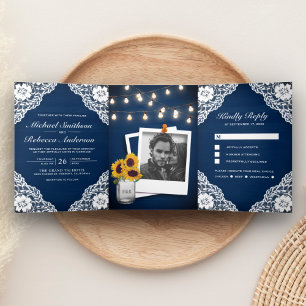 Invitation Trois Volets Lumières de mariage à cordes en bois bleu marine r