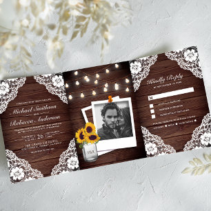 Invitation Trois Volets Lumières de mariage à cordes en bois rustique de c