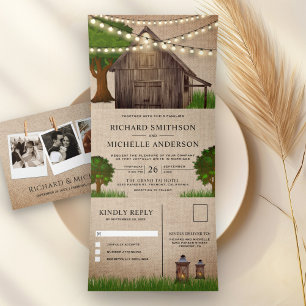 Invitation Trois Volets Lumières de mariage en bois de ferme en toile de j