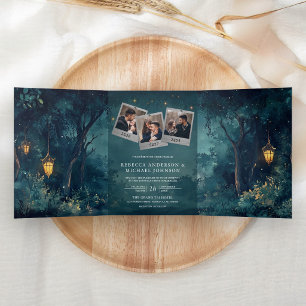 Invitation Trois Volets Luminaires de forêt enchantée Code QR Photo Mariag