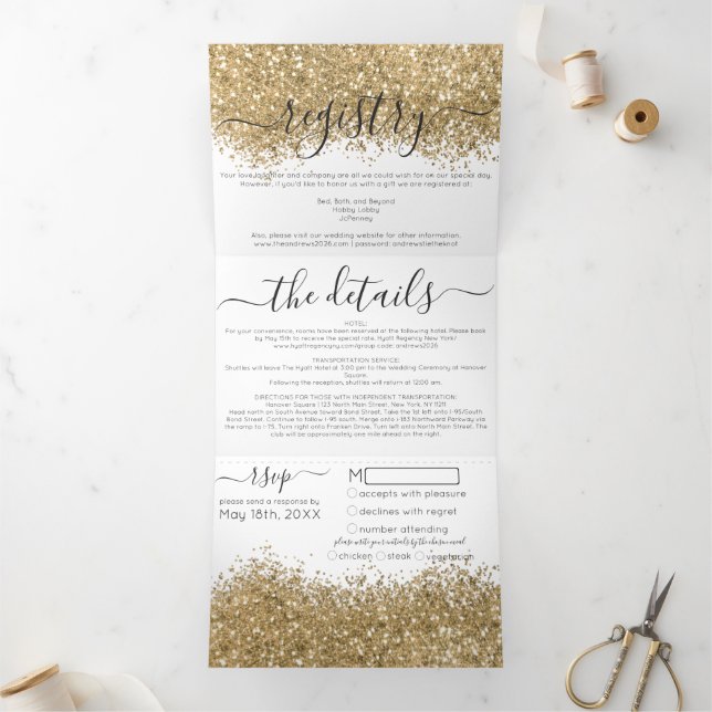 Invitation Trois Volets Luxury Gold White Parties scintillant registre dét (Intérieur)