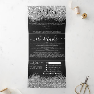 Invitation Trois Volets Luxury Silver Black Parties scintillant Registre D