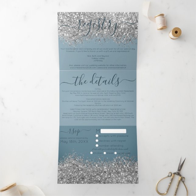 Invitation Trois Volets Luxury Silver Blue Parties scintillant Registre Dé (Intérieur)