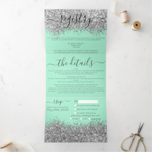 Invitation Trois Volets Luxury Silver Mint Parties scintillant registre dé