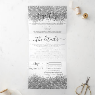 Invitation Trois Volets Luxury Silver White Parties scintillant Registre D