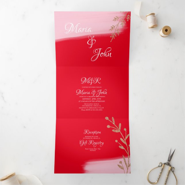 Invitation Trois Volets Magnifique Rose de Noël en Or avec Brins Rouges po (Intérieur)