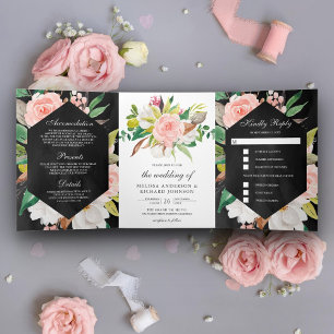 Invitation Trois Volets Magnolia blanche rose floral mariage noir