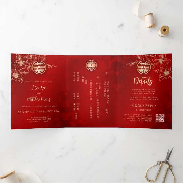Invitation Trois Volets Magnolia Or Rouge | Mariage Chinois (Intérieur)
