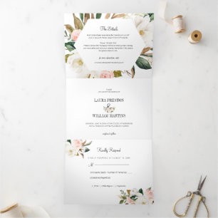Invitation Trois Volets Magnolia rose blanche et noire Photo Mariage Flora