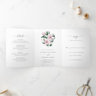 Invitation Trois Volets Magnolia Rose Floral Mariage Élégant