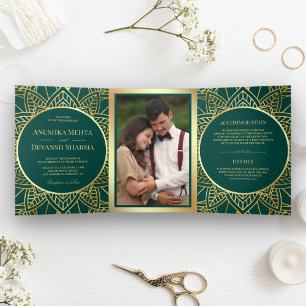 Invitation Trois Volets Mandala Ethnique Bleu Vert et Or Mariage Indien