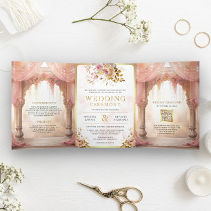 Invitation Trois Volets Mandap de mariage hindou indien floral rose rêveur