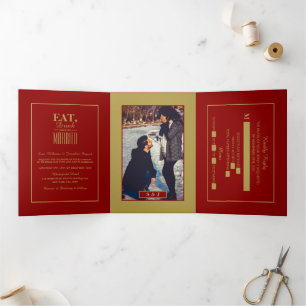 Invitation Trois Volets Mangez, buvez et soyez mariés Red & Gold Mariage S