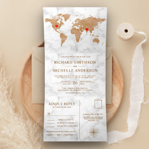 Invitation Trois Volets Marbre blanc Bronze Monde carte tout en un Mariage