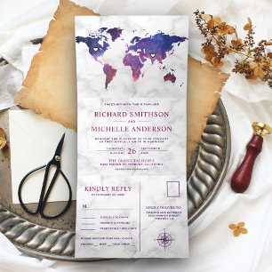 Invitation Trois Volets Marbre blanc Galaxy Carte du monde tout en un Mari