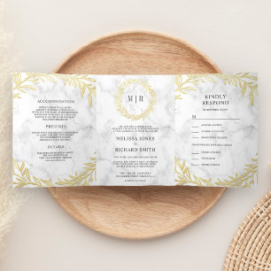 Invitation Trois Volets Marbre blanc Gold Leaf Branche tout en un Mariage