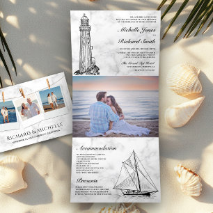 Invitation Trois Volets Marbre blanc Lighthouse Sailboat Mariage nautique