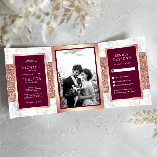 Invitation Trois Volets Marbre blanc Rose Parties scintillant d'or Magenta