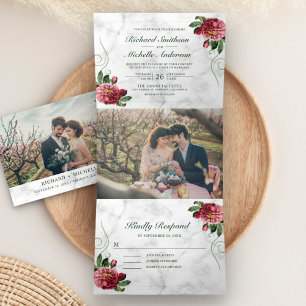 Invitation Trois Volets Marbre blanc Russe Pink Hydrangea Floral Mariage