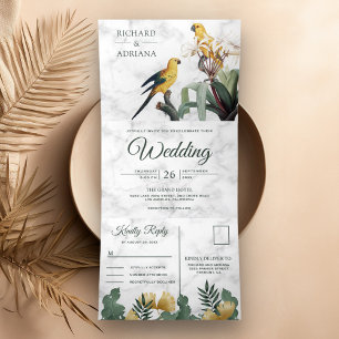 Invitation Trois Volets Marbre blanc tropical Perroquet jaune Couple Maria
