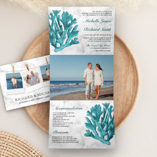 Invitation Trois Volets Marbre blanc Turquoise Coral Reef Plage côtière Ma