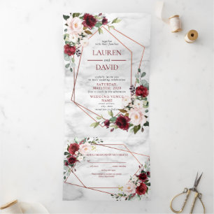 Invitation Trois Volets Marbre de cuivre Géométrique Bourgogne Floral