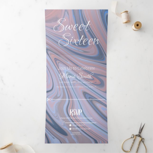 Invitation Trois Volets Marbre Liquide Sucré Élégant | Agate Blush Navy (Intérieur)