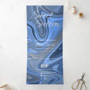 Invitation Trois Volets Marbre Liquide Sucré Élégant   Bleu Agate