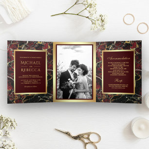 Invitation Trois Volets Marbre rouge Bourgogne Faux Gold Foil Mariage phot