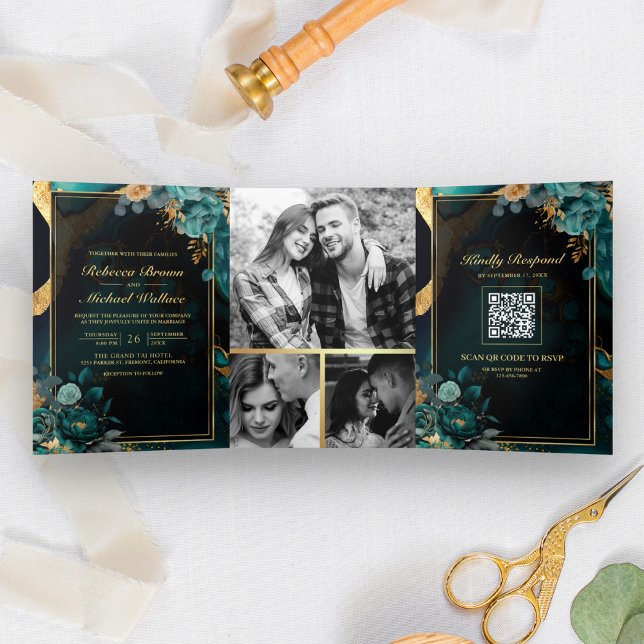 Invitation Trois Volets Marbre Turquoise foncé en or floral QR Code Mariag (Créateur téléchargé)
