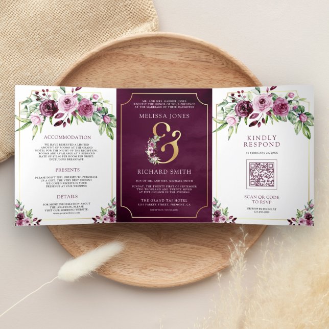 Invitation Trois Volets Mariage à code QR esperluette florale prune rose (Créateur téléchargé)