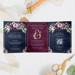Invitation Trois Volets Mariage à code QR marine et ampersand floral prune
