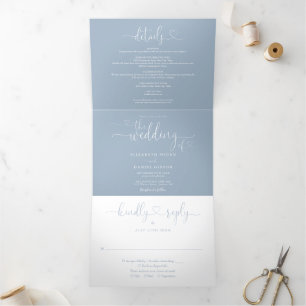 Invitation Trois Volets Mariage à cœur bleu poussiéreux écriture