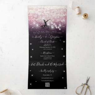 Invitation Trois Volets Mariage à Feuilles de Coeur Rose Pâle Lumières Vio
