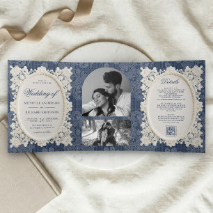 Invitation Trois Volets Mariage à la Dentelle de Broderie Bleu Nuit d'Arge