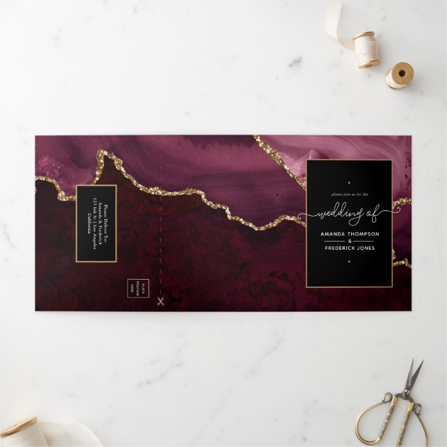 Invitation Trois Volets Mariage à l'agate bordeaux et or (Extérieur)