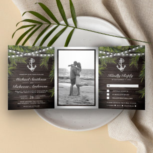 Invitation Trois Volets Mariage à l'ancre avec feuilles de palmiers tropic
