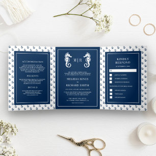 Invitation Trois Volets Mariage à l'ancre nautique bleue et blanche au che