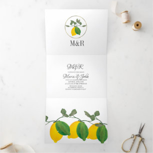 Invitation Trois Volets Mariage à l'aquarelle moderne à la main Citron Ver