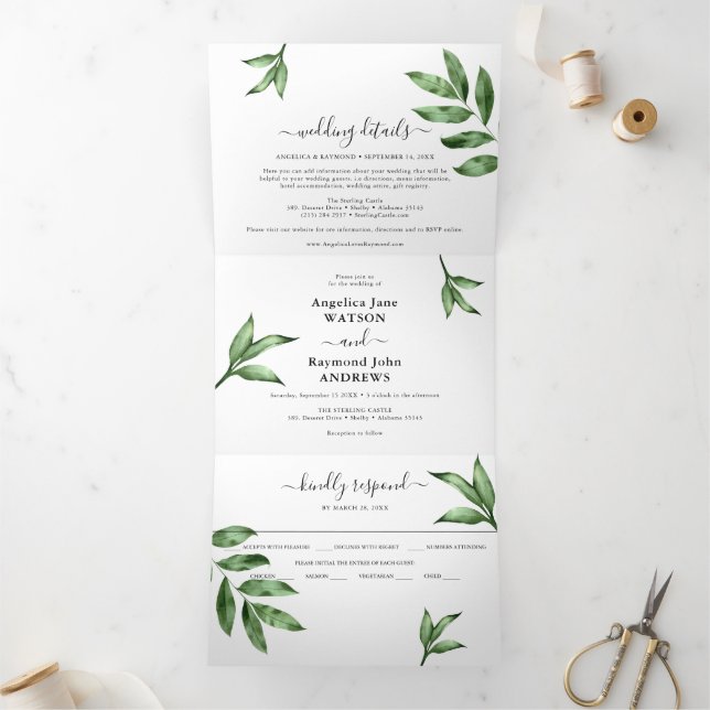Invitation Trois Volets Mariage à l'aquarelle naturelle avec verdure peint (Intérieur)