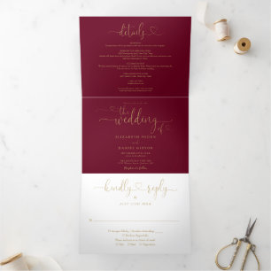 Invitation Trois Volets Mariage à l'écriture cursive cœur bordeaux et or