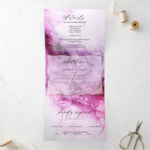 Invitation Trois Volets Mariage Abstrait à l'Encre Fuchsia Vibrant