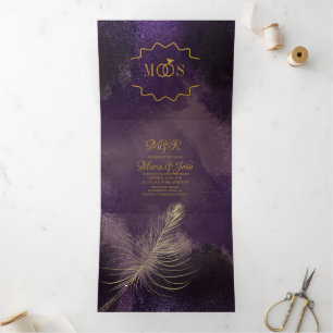 Invitation Trois Volets Mariage Abstrait Violet Noir Pinceaux Glamour