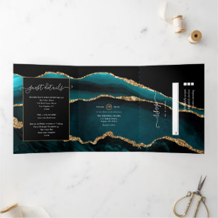 Invitation Trois Volets Mariage Agate Sarcelle et Or