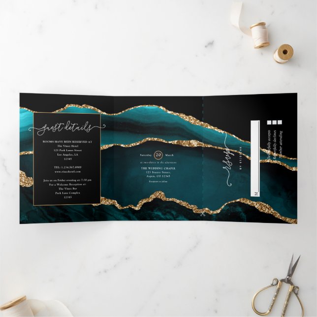 Invitation Trois Volets Mariage Agate Sarcelle et Or (Intérieur)