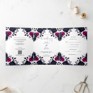 Invitation Trois Volets Mariage aquarelle floral rose et bleu magenta