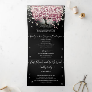 Invitation Trois Volets Mariage Arbre à Feuilles en Forme de Coeur Rouge B