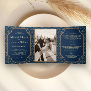 Invitation Trois Volets Mariage Art Déco Vintage Bleu Marine Gatsby