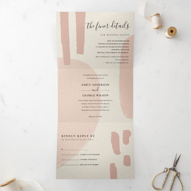 INVITATION TROIS VOLETS MARIAGE ARTISTIQUE MODERNE ABSTRAIT DOUX BLUSH PEA (Intérieur)