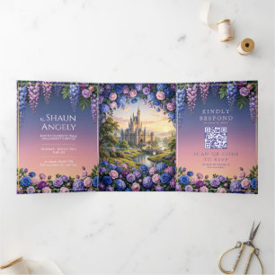 Invitation Trois Volets Mariage au Château de Contes de Fées Bleu Rose